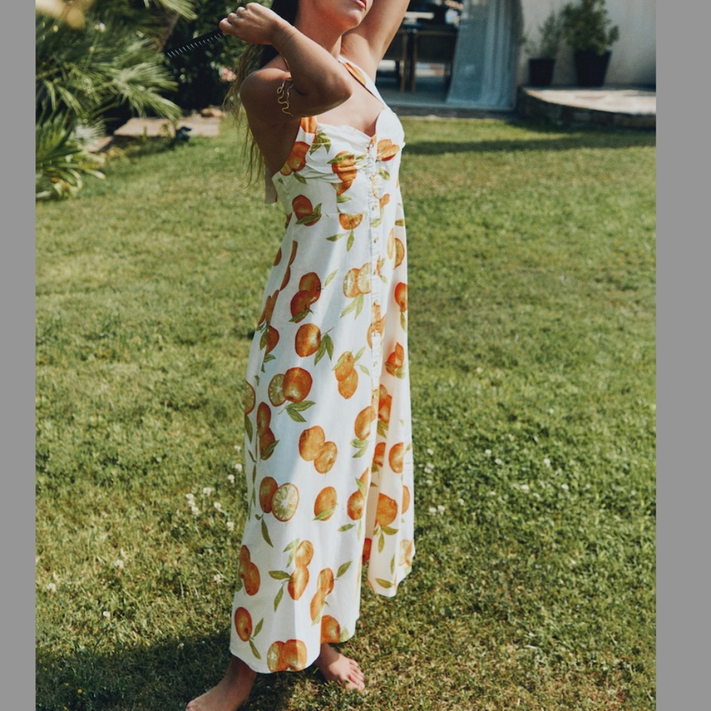 Zara White Backless Maxi Dress with Orange Fruit Print